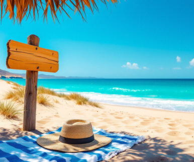 Fuerteventura beste Reisezeit: sonniger Strand mit Dünen und türkisem Meer