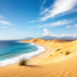 Küstenlandschaft mit Dünen und Meer, die das trockene und sonnige Fuerteventura Klima zeigt