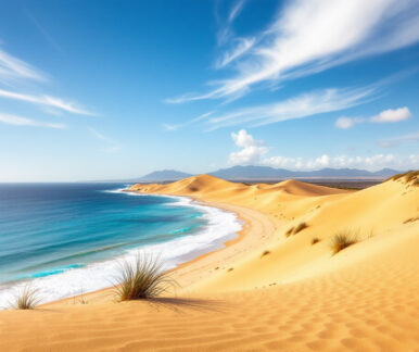 Küstenlandschaft mit Dünen und Meer, die das trockene und sonnige Fuerteventura Klima zeigt